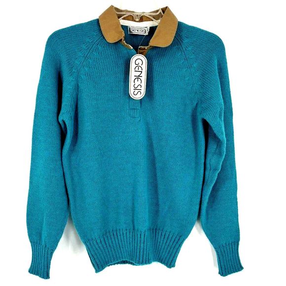 NWT VTG Genesis Small 80's Teal/Green/Blue LS Knit Sweater Tan Collar Deadstock - Picture 1 of 4